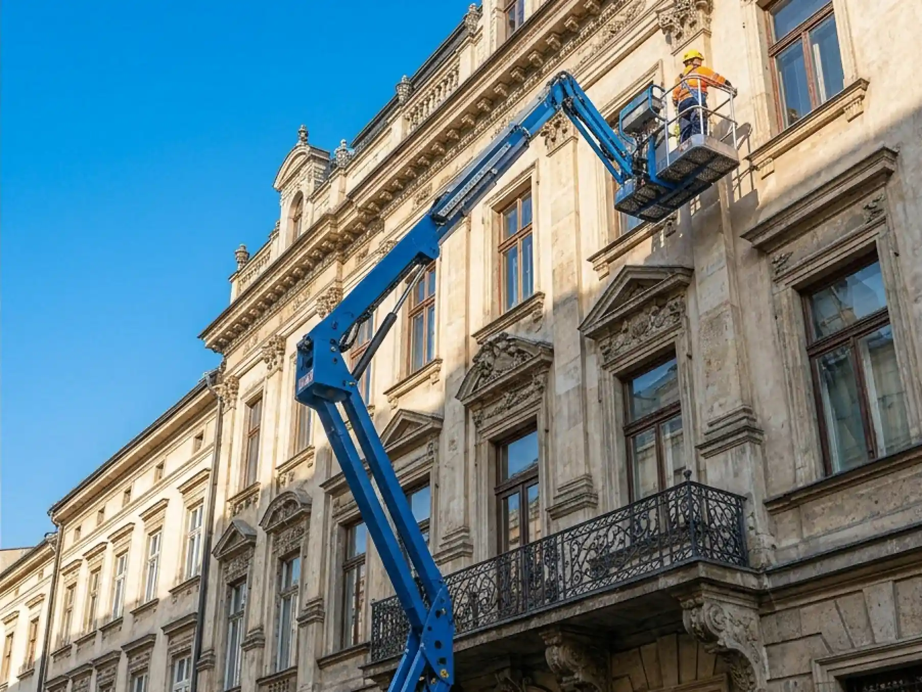 Prace elewacyjne z podnośnika koszowego przy zabytkowej kamienicy